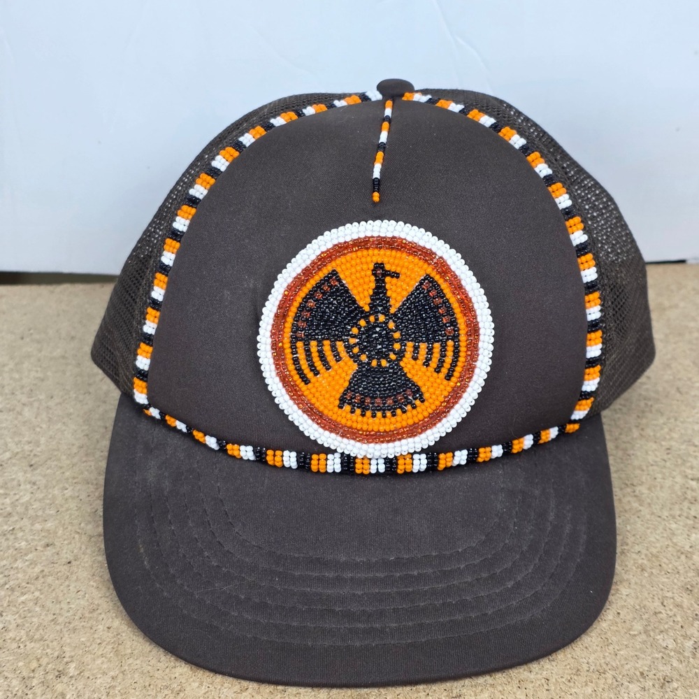 vntg Brown Thunderbird Beaded Trucker Hat Snapback Mesh Cap Native eagle Design‎